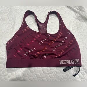 Victoria's Secret Burgundy Sports Bra with Multicolor Text